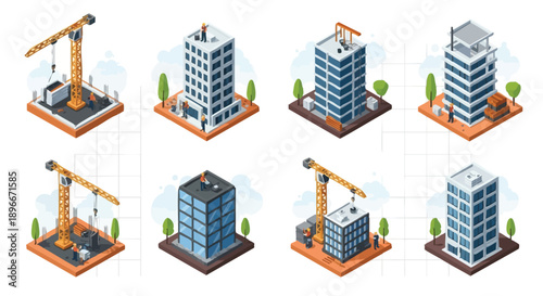 Isometric Building Construction Stages Infographic Set. Development phases of high-rise architecture, featuring tower cranes and construction workers on job site.