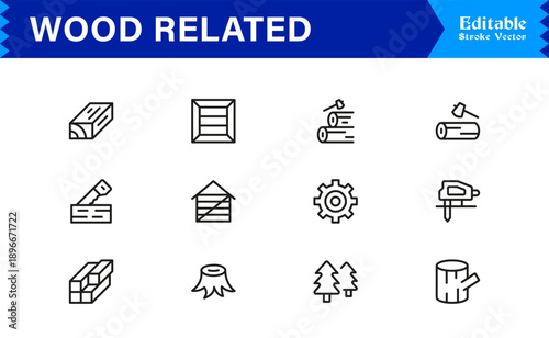 Wood Related Modern Outline Line Icon Collection – Premium Timber, Lumber, Forestry, Carpentry, Construction, Furniture, and Minimal Editable Graphic Vector Design