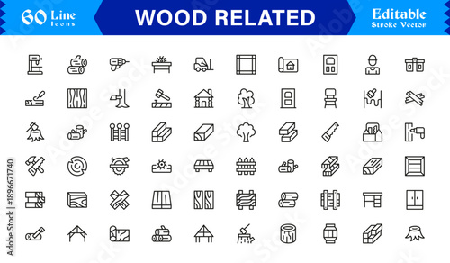 Wood Related Modern Outline Line Icon Collection – Premium Timber, Lumber, Forestry, Carpentry, Construction, Furniture, and Minimal Editable Graphic Vector Design