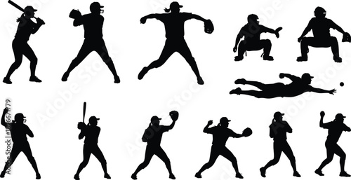 Baseball and softball player silhouettes collection featuring batting, pitching, catching, diving actions isolated black vector sport athlete icons set