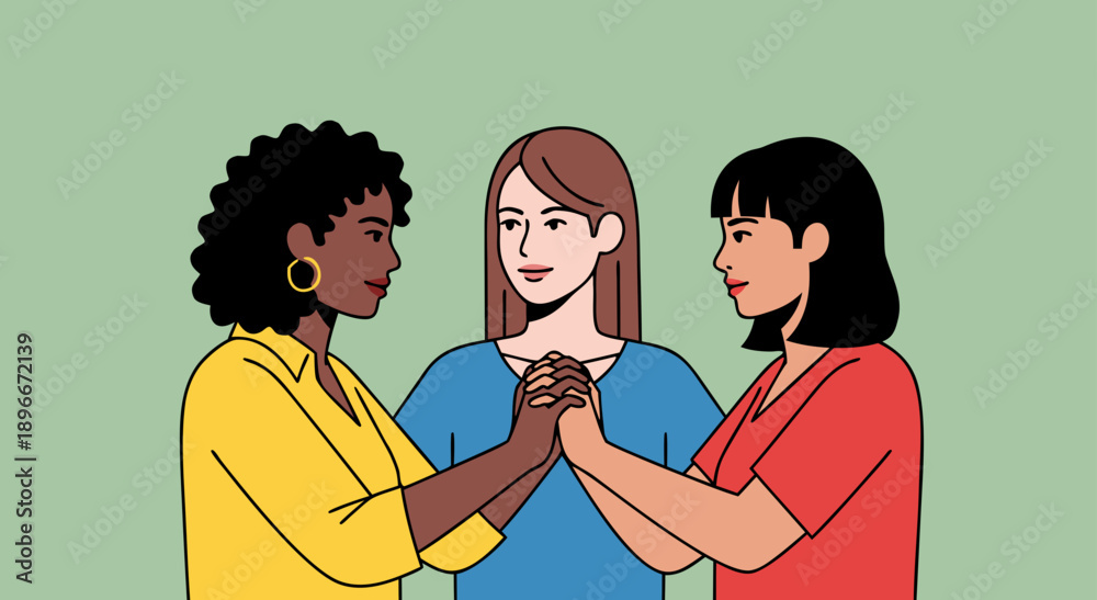 Fototapeta premium Three diverse women holding hands together showing solidarity and support against a green background