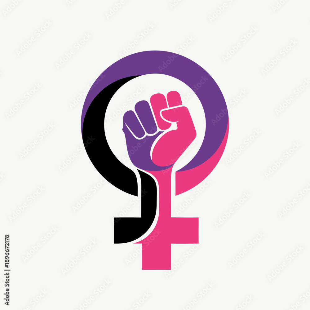 Obraz premium Modern stylized feminism symbol featuring a raised fist in pink and purple colors for women solidarity and power