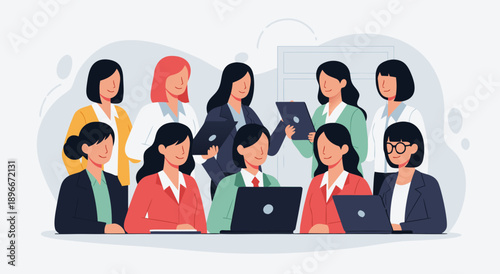Diverse group of professional women working together in a modern office environment using laptops and tablets for business collaboration and teamwork