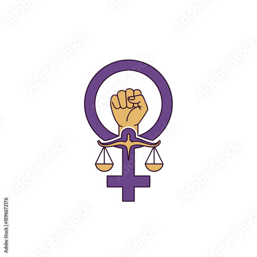 Feminism symbol with raised fist and scales of justice representing women empowerment and legal equality activism