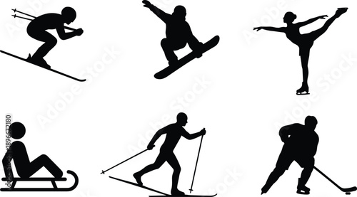 Winter sports silhouettes set featuring skiing, snowboarding, figure skating, sledding, hockey athlete actions isolated black vector icons for cold season