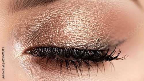 A close-up of a beautifully made-up eye with shimmering colors.