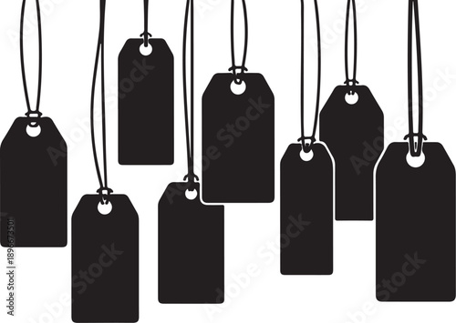 Black price tags hanging on strings isolated on white