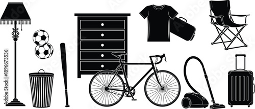 Black silhouette household objects set including furniture sports equipment travel gear bicycle vacuum lamp chair chest suitcase vector isolated collection