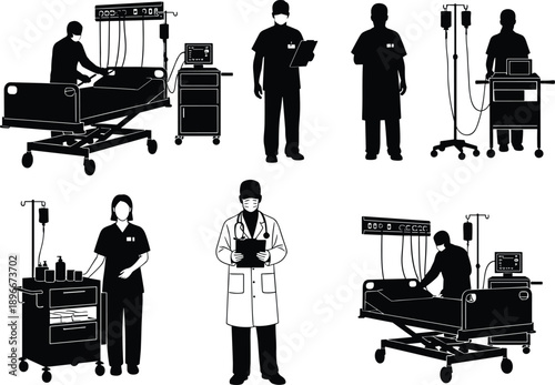 Medical hospital staff and patient care silhouettes with doctors nurses beds IV drip equipment healthcare treatment vector illustration set