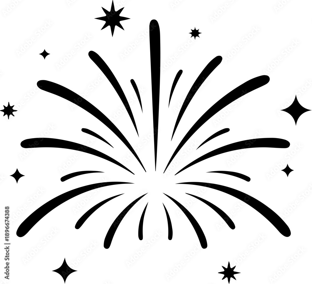 Fototapeta premium Minimalist black fireworks line art illustration with clean curved strokes and small star elements. Simple and modern outline design in solid black color, isolated on white background.
