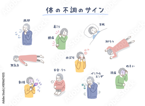 シニア女性の体の不調サインのイラストセット