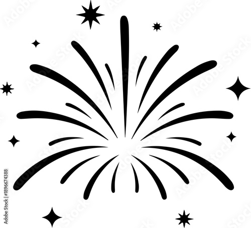 Minimalist black fireworks line art illustration with clean curved strokes and small star elements. Simple and modern outline design in solid black color, isolated on white background.