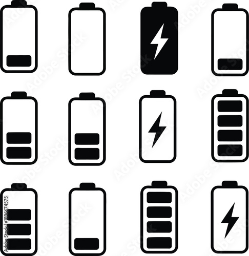 Battery charge level indicator icon set, different power levels with lightning bolt energy symbol, modern UI battery status vector illustration.