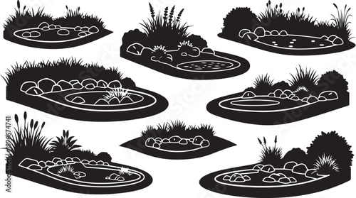 Black and white pond silhouettes with grass and stones