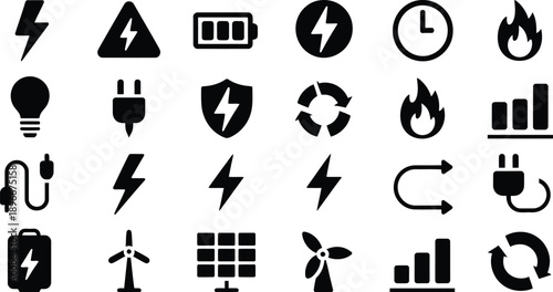 Electricity icons, energy power symbols featuring lightning bolt shapes for modern web, app and UI design.