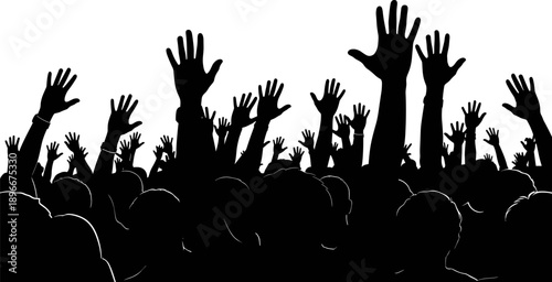 Silhouette crowd raising hands together symbolizing unity, participation and collective voice, freedom of expression and social movement concept, political engagement and public rally illustration