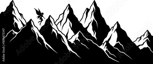 Silhouette fantasy mountain landscape with flying fairy or angel over dramatic peaks, symbolizing imagination, freedom, adventure, mystical nature and magical storytelling illustration
