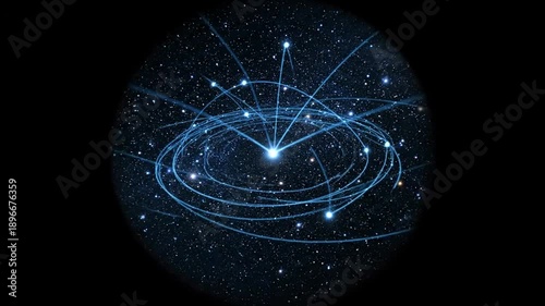 Abstract representation of celestial bodies and their orbits in deep space.