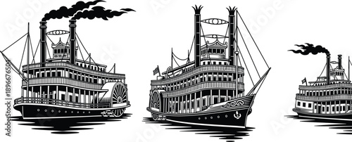 Steamboat silhouette illustrations, historical riverboat icons, vector drawing, black and white design, vintage transportation graphics