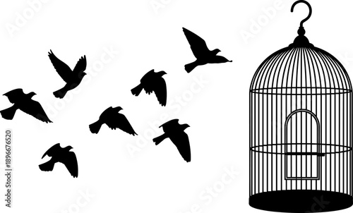 Silhouette of birds flying away from open birdcage, symbolizing freedom, escape, independence, hope, and liberation concept, minimalist vector illustration isolated on white background