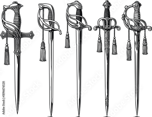 Ceremonial sword silhouette icons, military weapon symbols, vector illustration, black design, minimal layout, historical blade graphics