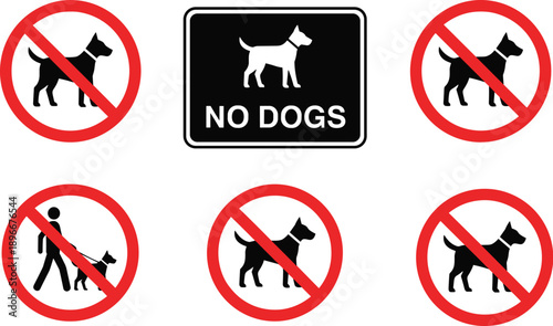 No dogs allowed sign set with prohibition symbols, pet restriction icons for public places, vector illustration isolated on white background