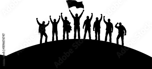 Silhouette of united protesters raising fists and flag on hilltop, symbolizing revolution, freedom, resistance, solidarity, victory, activism, leadership, teamwork against bright white background