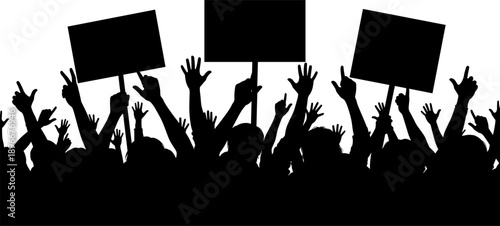 Silhouette protest crowd holding blank placards and raised hands symbolizing freedom of speech, political activism, public demonstration, social movement and resistance concept on white background