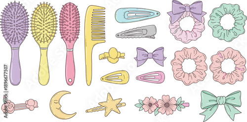 Pastel Beauty and Hair Accessory Vector Set Featuring Brushes, Combs, Hair Clips, Scrunchies, and Bows for Salon Branding and Girls' Fashion