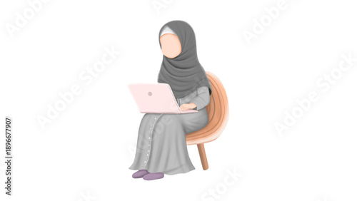 Muslim Woman in Hijab Sitting and Using Laptop