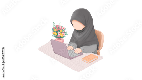 Muslim Woman Hijab Working on Laptop with Flowers