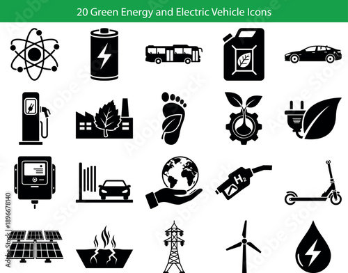 20 Green Energy and Electric Vehicle Icons. Digital vector symbols for renewable power, sustainable tech, and eco infrastructure. Solid black silhouette glyphs including solar panel, wind turbine