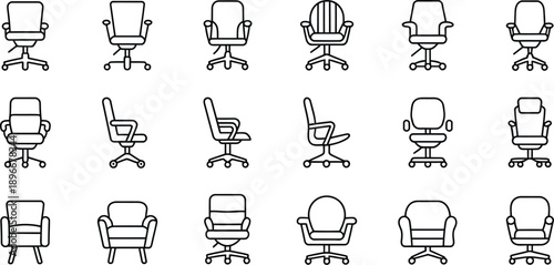 Office chair outline icon set, various seating styles and views, modern workplace furniture symbols for web, app and UI design.