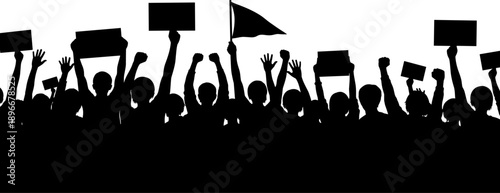Silhouette protest crowd holding placards and waving flag symbolizing freedom of speech, unity and political activism, public demonstration and social movement concept illustration