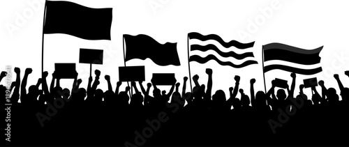 Silhouette protest crowd waving flags and holding placards with raised fists symbolizing unity, freedom and resistance, political activism and mass demonstration concept illustration on white 