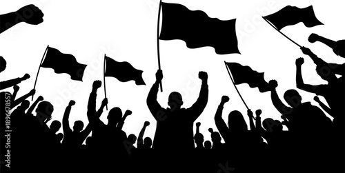Silhouette protest crowd waving flags and raising fists symbolizing revolution, freedom and unity, political activism and mass demonstration concept, social movement illustration on white background