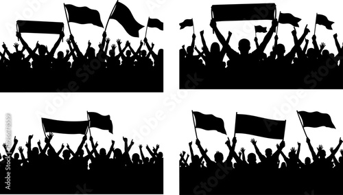 Silhouette protest crowd waving flags and banners symbolizing unity, freedom, activism and resistance, political demonstration concept isolated on white background graphic illustration style