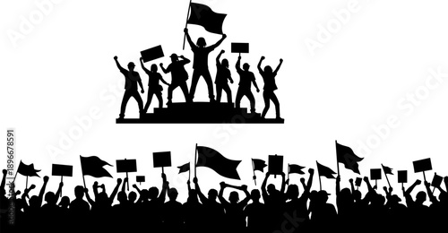 Silhouette protest crowd with raised fists, flags and banners, mass demonstration concept symbolizing political activism, unity, freedom and social justice movement isolated on white background