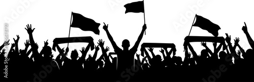 Silhouette protest leader waving flag above cheering crowd with raised hands symbolizing unity, freedom and political activism, mass demonstration and social movement concept illustration