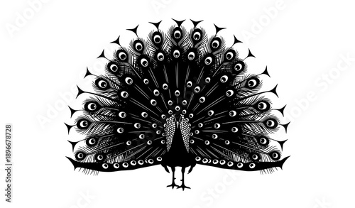 Peacock Silhouette with Elaborate Tail Display Isolated on White