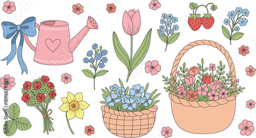 Set of Hair Styling Accessories Featuring Brushes, Combs, Hair Clips, Bow Headbands, and Scrunchies for Beauty and Personal Care Illustrations