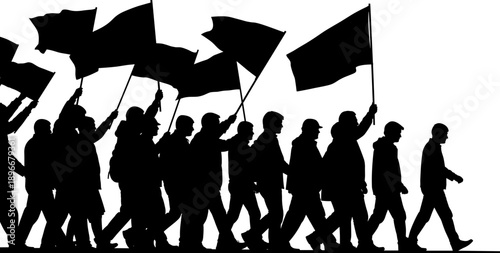 Silhouette protest march of people walking with flags, symbolizing unity, freedom, activism, democracy, solidarity and social movement against injustice on white background