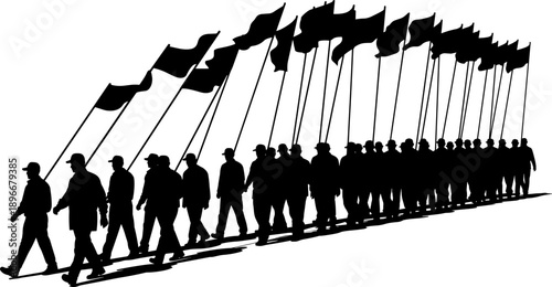 Silhouette protest march with long line of people carrying flags symbolizing unity, solidarity and political movement, mass demonstration and collective action concept illustration on white background