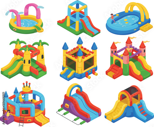 Colorful inflatable bounce house and water slide collection vector illustration, fun playground equipment design for kids entertainment, summer party, and amusement activities