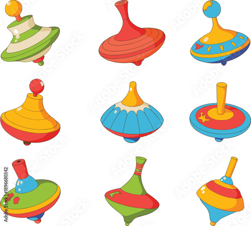 Colorful spinning top toy vector illustration, traditional vintage gyroscope toys collection, playful childhood entertainment concept for kids and design projects