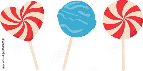 Colorful sweet lollipops vector illustration with heart shape candy, swirl peppermint design, blue candy stick, isolated dessert art background