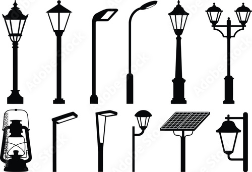 streetlights and lanterns, urban lighting fixtures and lamp post designs isolated on white background