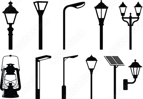streetlight and lantern silhouettes, black lamp post shapes for city street lighting, architecture and outdoor design illustration.