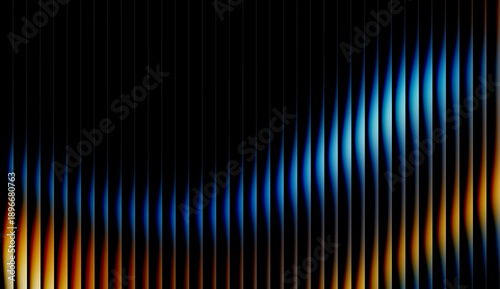 Abstract digital art background with glowing blue and gold vertical light bars on a black base. Creative vibrant geometric waveform with neon gradients and side-lit energy pulses.