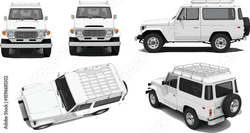 Classic White Vintage Off Road SUV 4x4 Vehicle Vector Illustration Set Featuring Multiple Views Roof Rack and Spare Tire Isolated on White Background